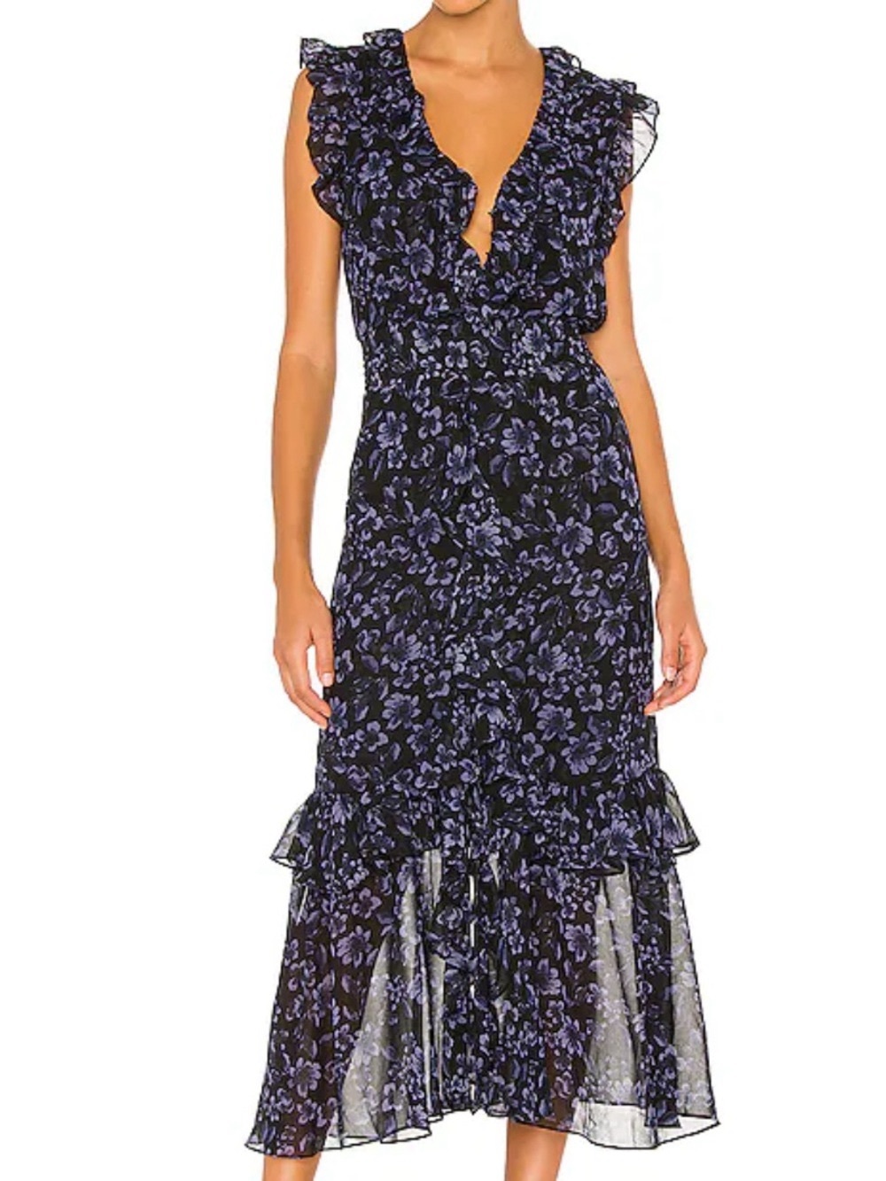 Misa Floral Ruffle V-Neck Midi Dress in Black and Purple